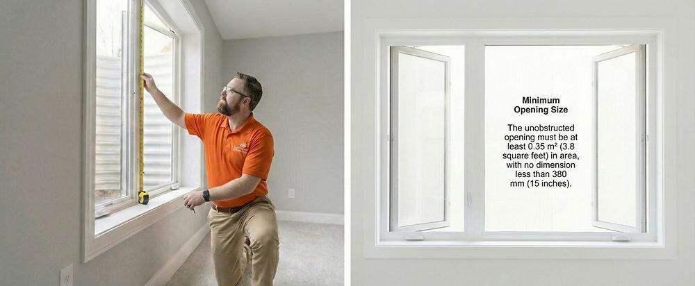 Home inspector measuring an egress window during a Southern New Brunswick inspection