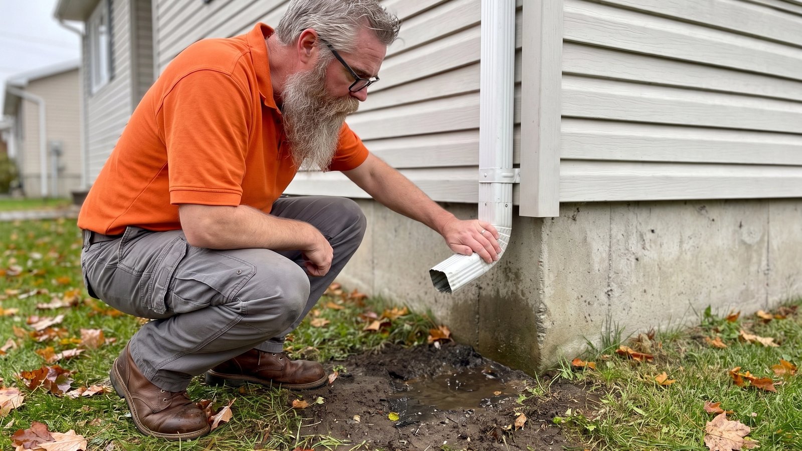 Downspout and lot grading check at the foundation of a Southern New Brunswick home during a home inspection