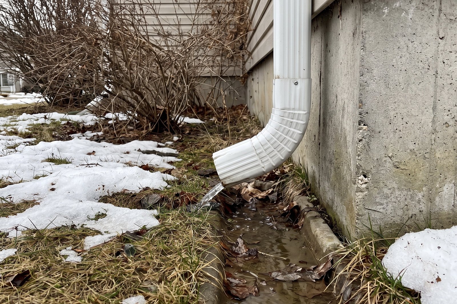 A downspout ending at the base of a poured concrete foundation with meltwater pooled in the settled soil along the wall, the most common drainage note in a Southern New Brunswick home inspection