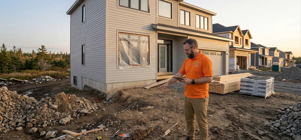 Home inspector arriving at a new construction home in Southern New Brunswick for a pre-closing inspection