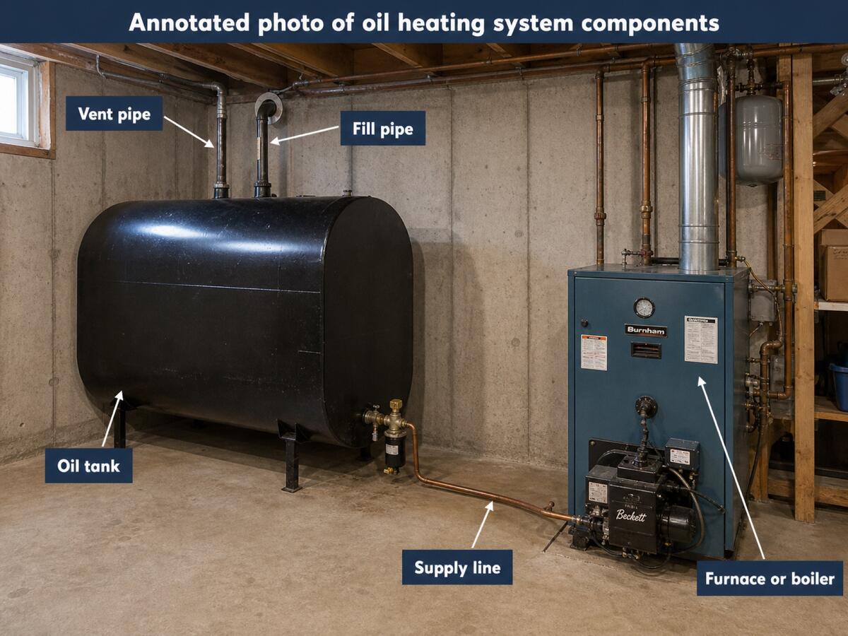 Oil heating system components labelled in a New Brunswick basement: the oil tank, supply line, furnace, fill pipe, and vent pipe