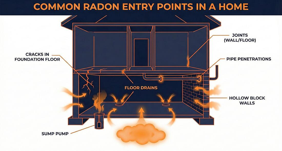 Diagram showing how radon gas enters a New Brunswick home through foundation cracks, gaps, and sump pits