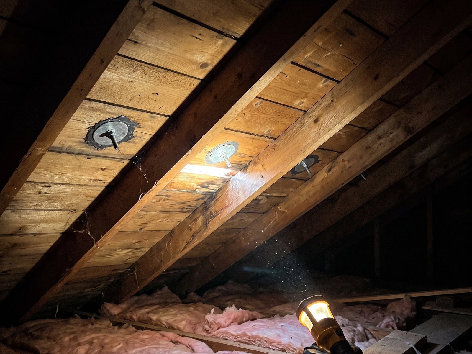 The underside of a roof deck beneath a solar array, checked from the attic for water staining around mounting penetrations during a home inspection