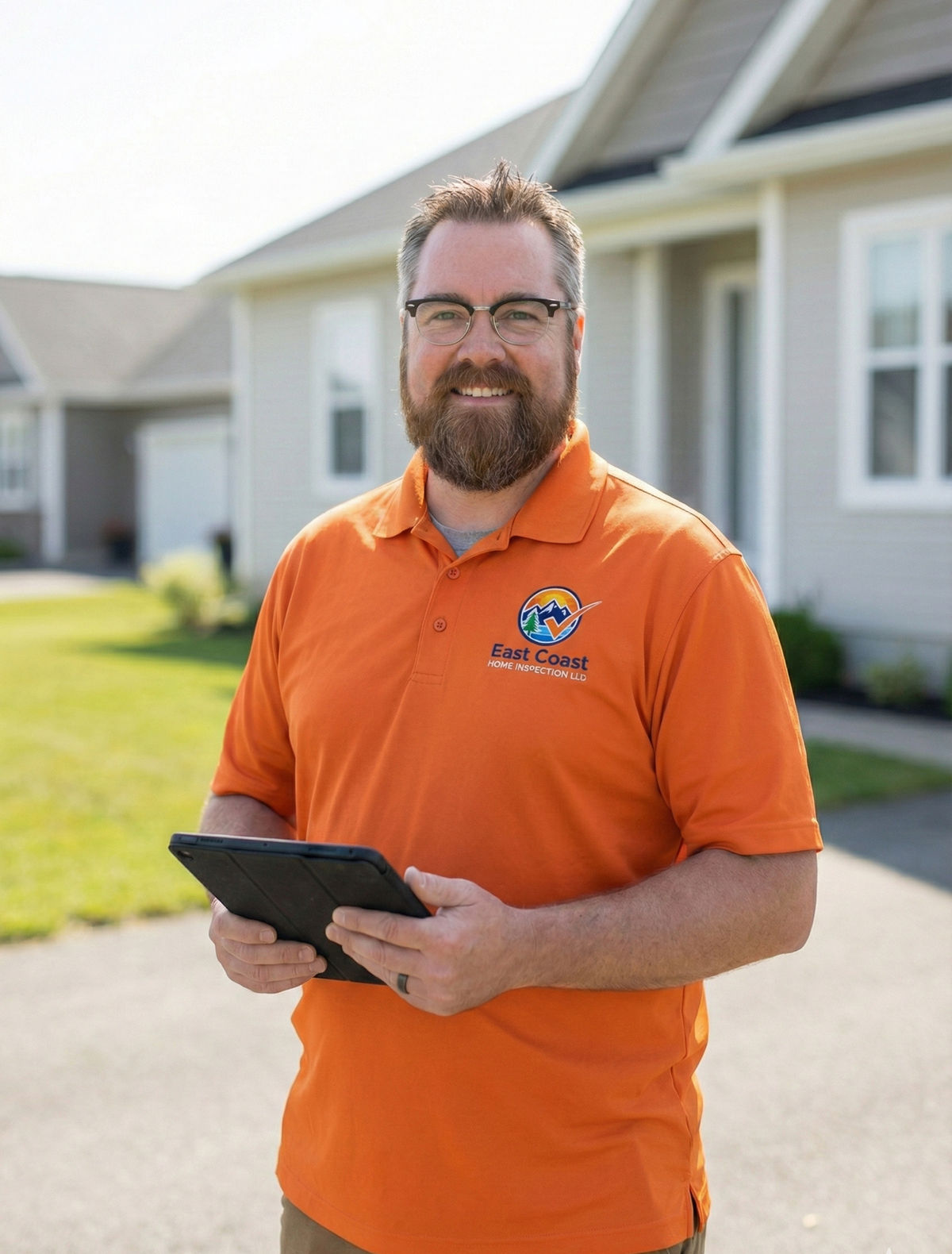Jonathan Gogan, RHI, home inspector with East Coast Home Inspection Ltd, in ECHI branded polo holding an iPad at a Saint John inspection