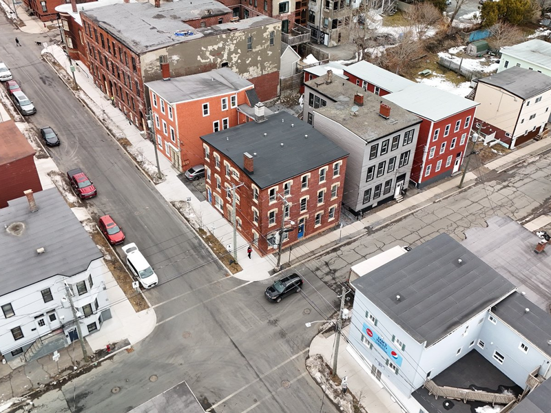 Historic multi-unit buildings Uptown Saint John New Brunswick, aerial view of heritage properties