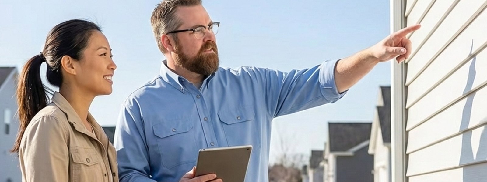 Home Inspector and client reviewing an inspection from outside on the driveway