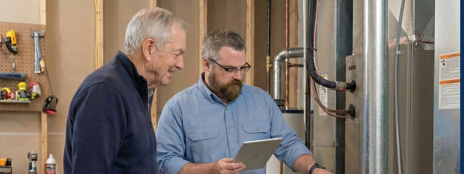 Home inspector reviewing a furnace with a homeowner during a pre-listing inspection in Southern New Brunswick