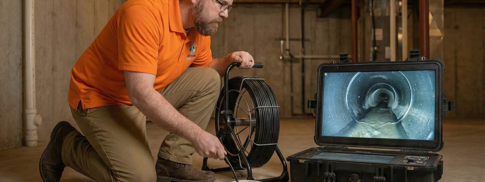Inspector running a sewer scope camera at a basement cleanout in a Saint John home