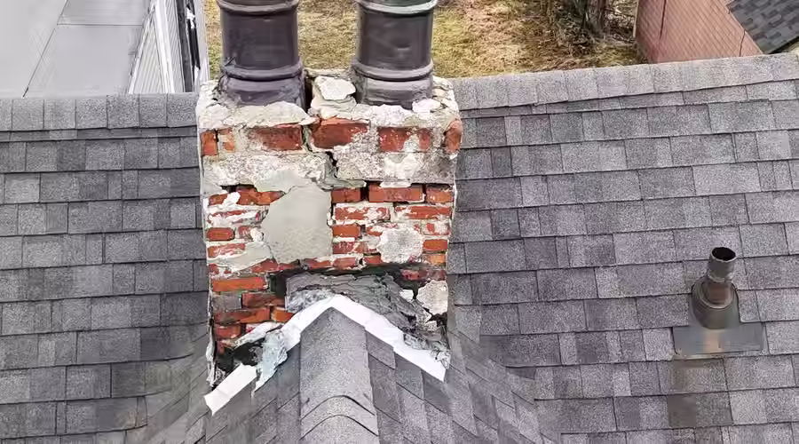 Close-up drone image showing chimney cap and flashing detail for WETT certification