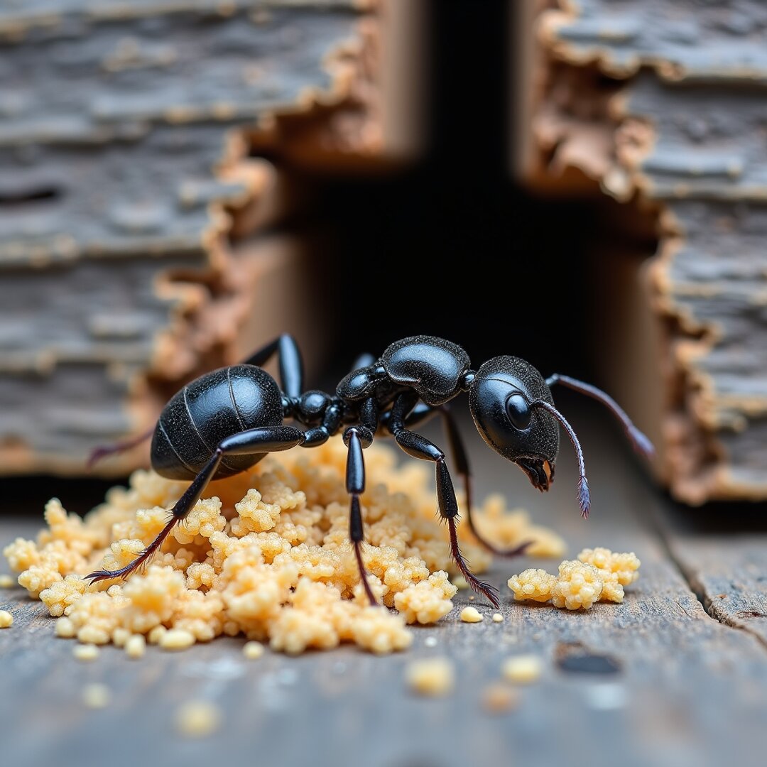 Macro photograph of a black carpenter ant on weathered structural wood with a small pile of frass borings beside it and a slit gallery exit visible in the wood
