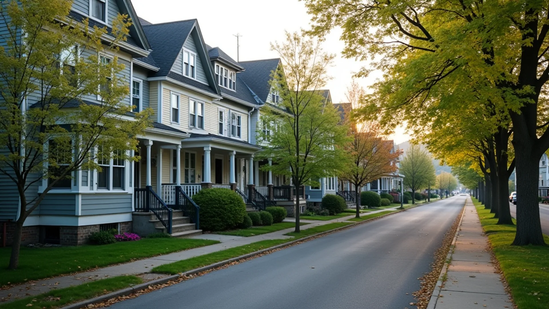 Late spring residential street in Southern New Brunswick with mature trees beginning to leaf out and a mix of older heritage homes lining a tree canopied street