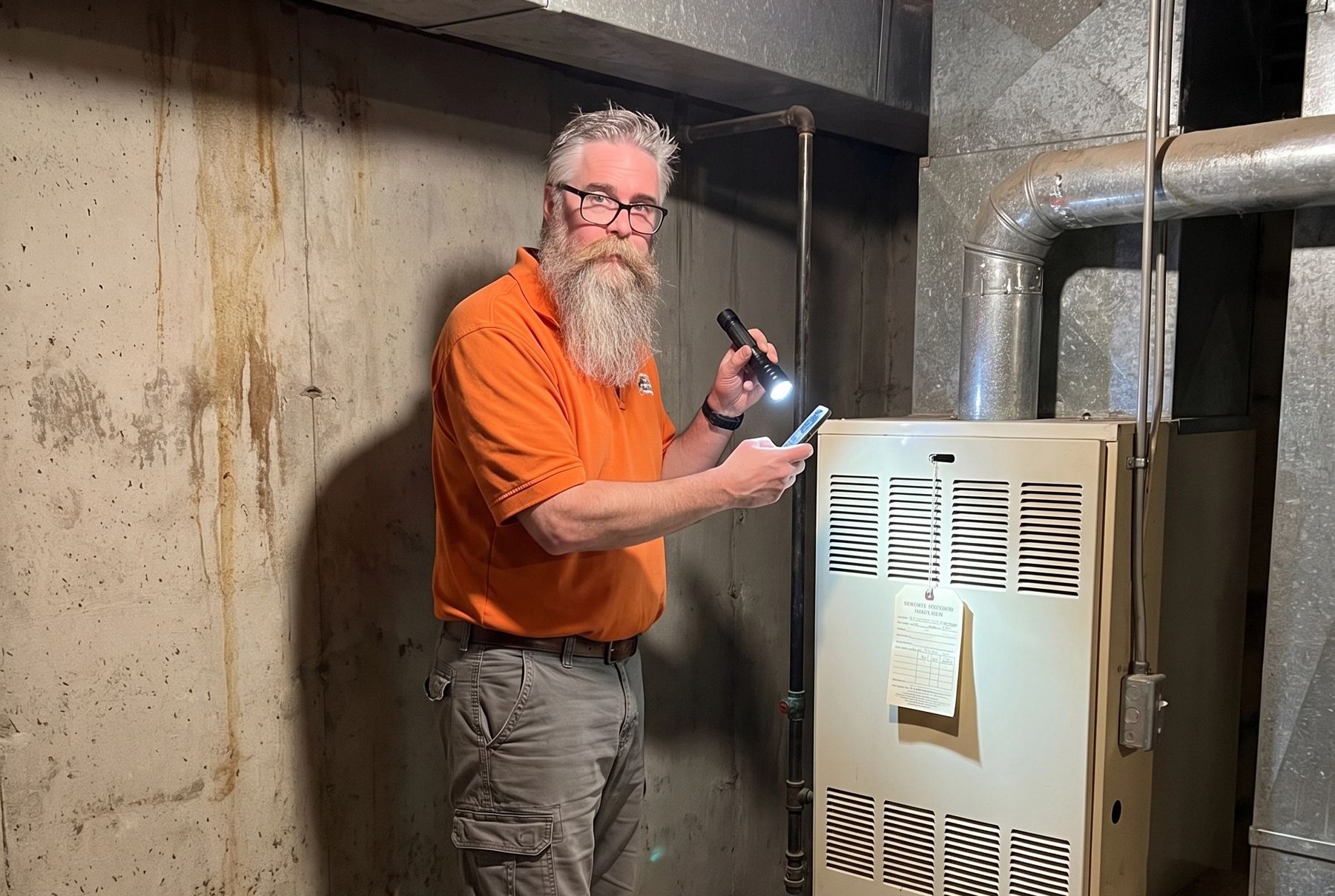 Jonathan with a flashlight and phone beside a furnace with its service record tag on the front panel