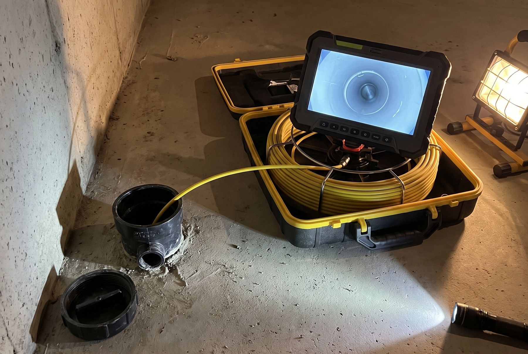 A sewer inspection camera fed into a basement cleanout, its monitor showing the inside of the sewer line